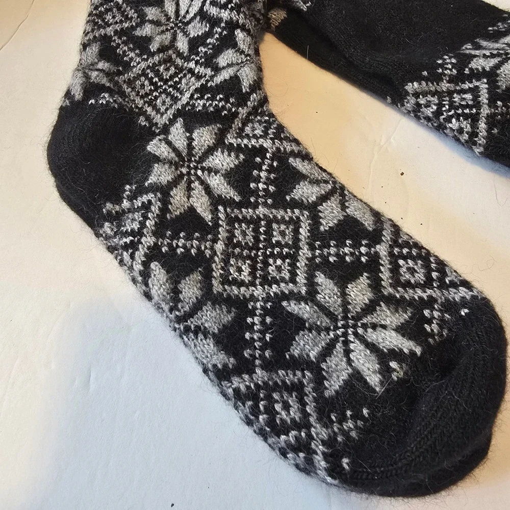 NEW Wool? Fair‎ Isle Socks Unisex One Size Black Gray Nordic Snowflake Knee High